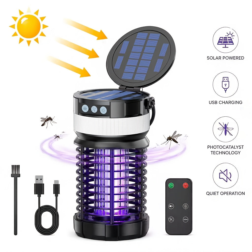 Solar Bug Zapper with Remote Control, Dual Solar Panels & 4000mAh Battery, Auto UV Sensor, IP65 Portable Electric Insect Trap for Home, Yard, Camping & Outdoor, 9.06 × 4.17 × 4.17 Inch