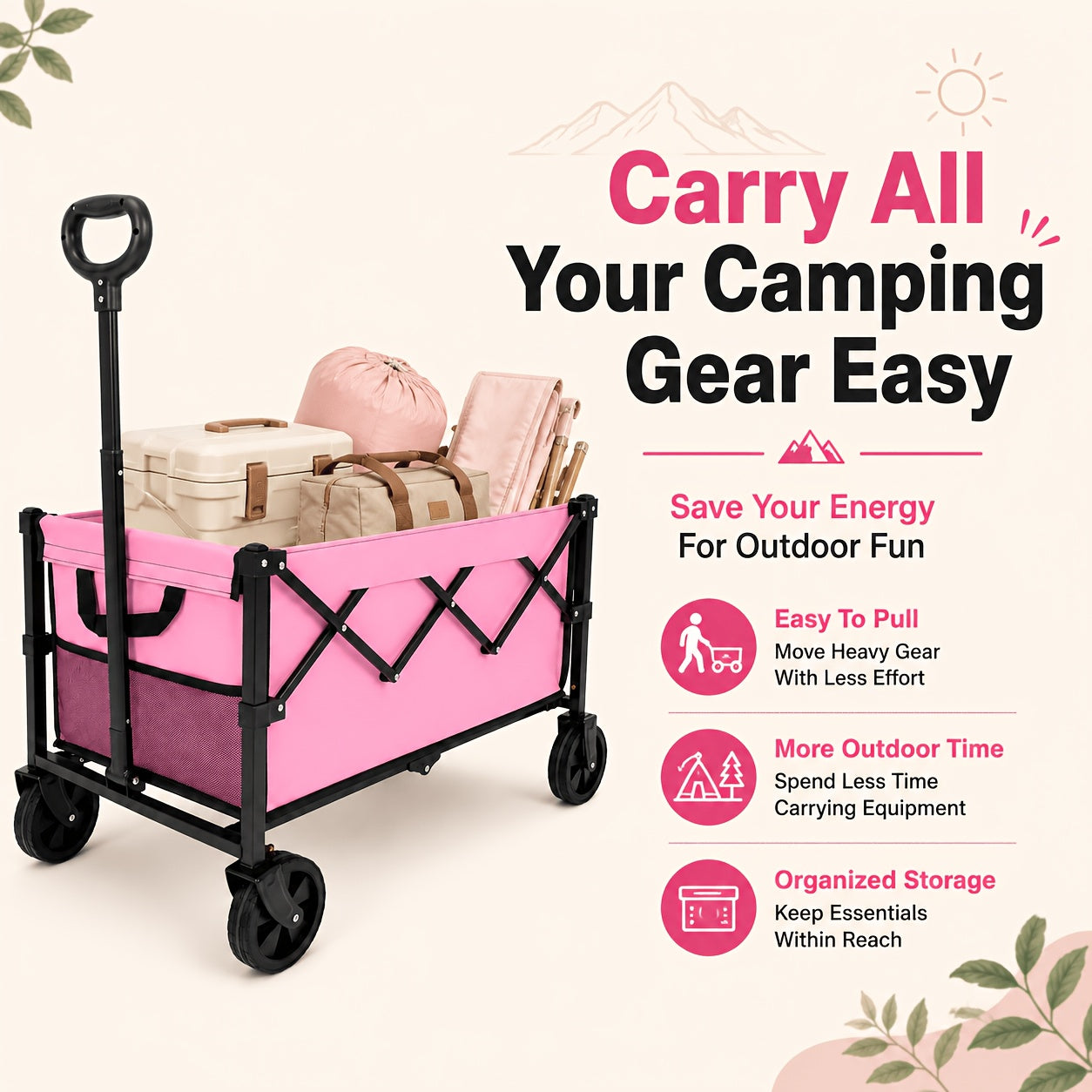 Pink Foldable Wagon Cart, Heavy Duty Collapsible Utility Wagon with Adjustable Handle & All-Terrain Wheels, Perfect for Camping, Picnic, Beach Days, Shopping And Outdoor Activities