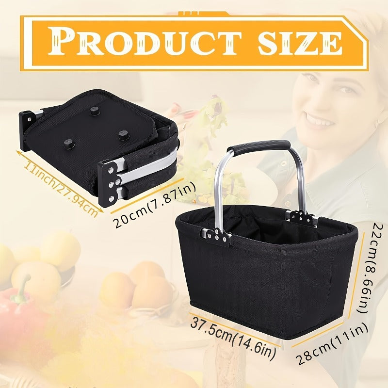 Heavy-Duty Foldable Aluminum Frame Basket with Large Zippered Side Pockets & Oxford Cloth Cover - Insulated Portable Picnic Basket Suitable for Camping, Grocery Shopping, Picnics, Lunch Box Organization
