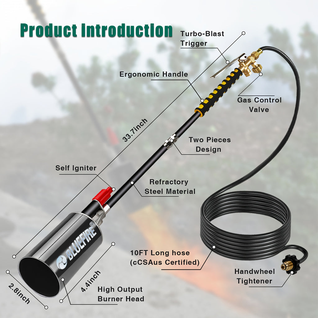 BLUEFIRE Weed Torch For Outside High Output Propane Torch Kit Sherem Weed Burner With 10ft Hose Heavy-Duty Flame Thrower Weed Burner Torch For Propane Tank Ice Snow Melt Roof Asphalt Road