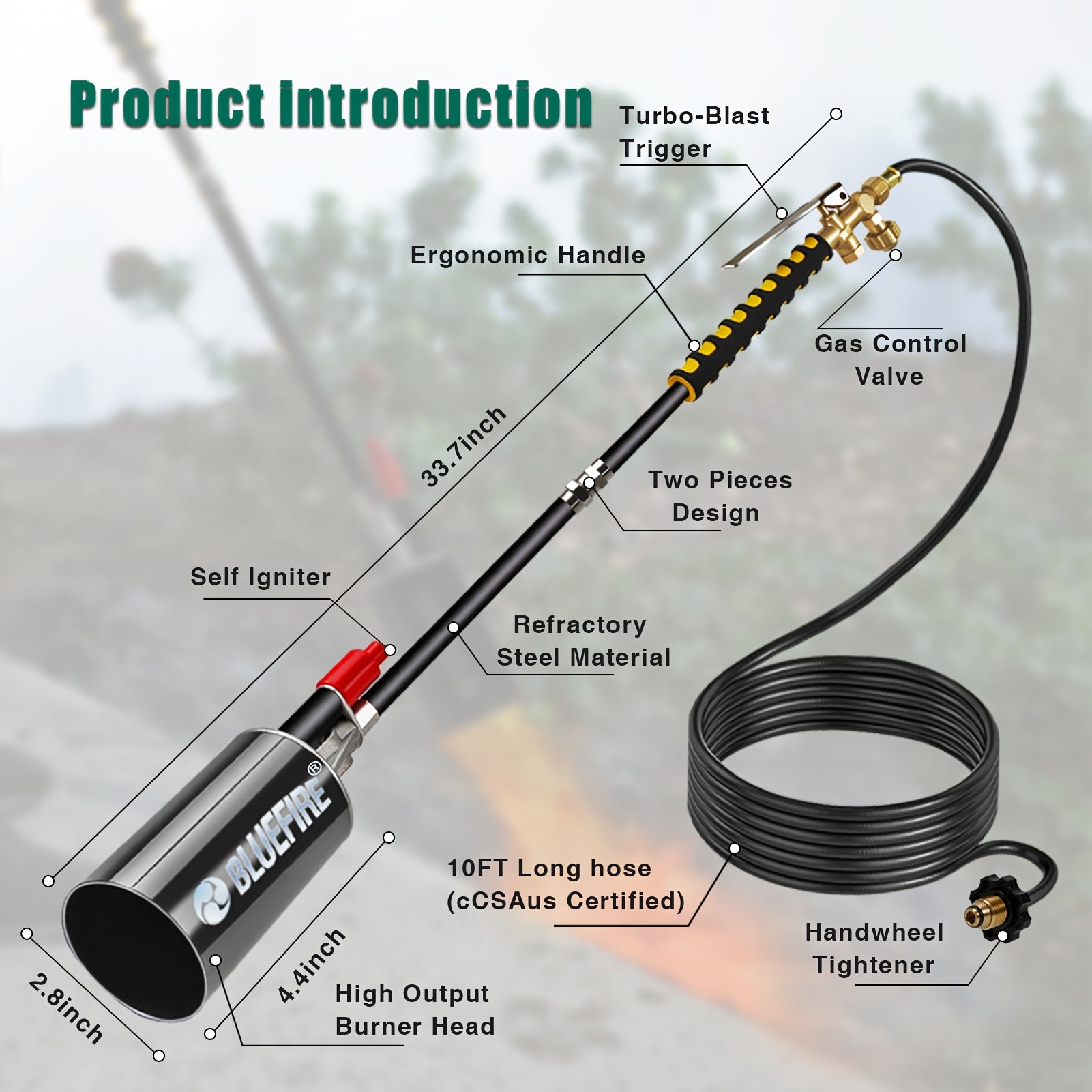 BLUEFIRE Weed Torch For Outside High Output Propane Torch Kit Sherem Weed Burner With 10ft Hose Heavy-Duty Flame Thrower Weed Burner Torch For Propane Tank Ice Snow Melt Roof Asphalt Road