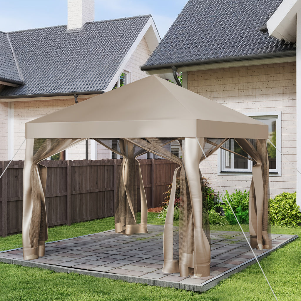 10x10 Outdoor Canopy Tent with Mosquito Netting, Portable Easy Up Outdoor Screen House Shelter Fully Sealed for Patio, Camping And Picnic(Tan)