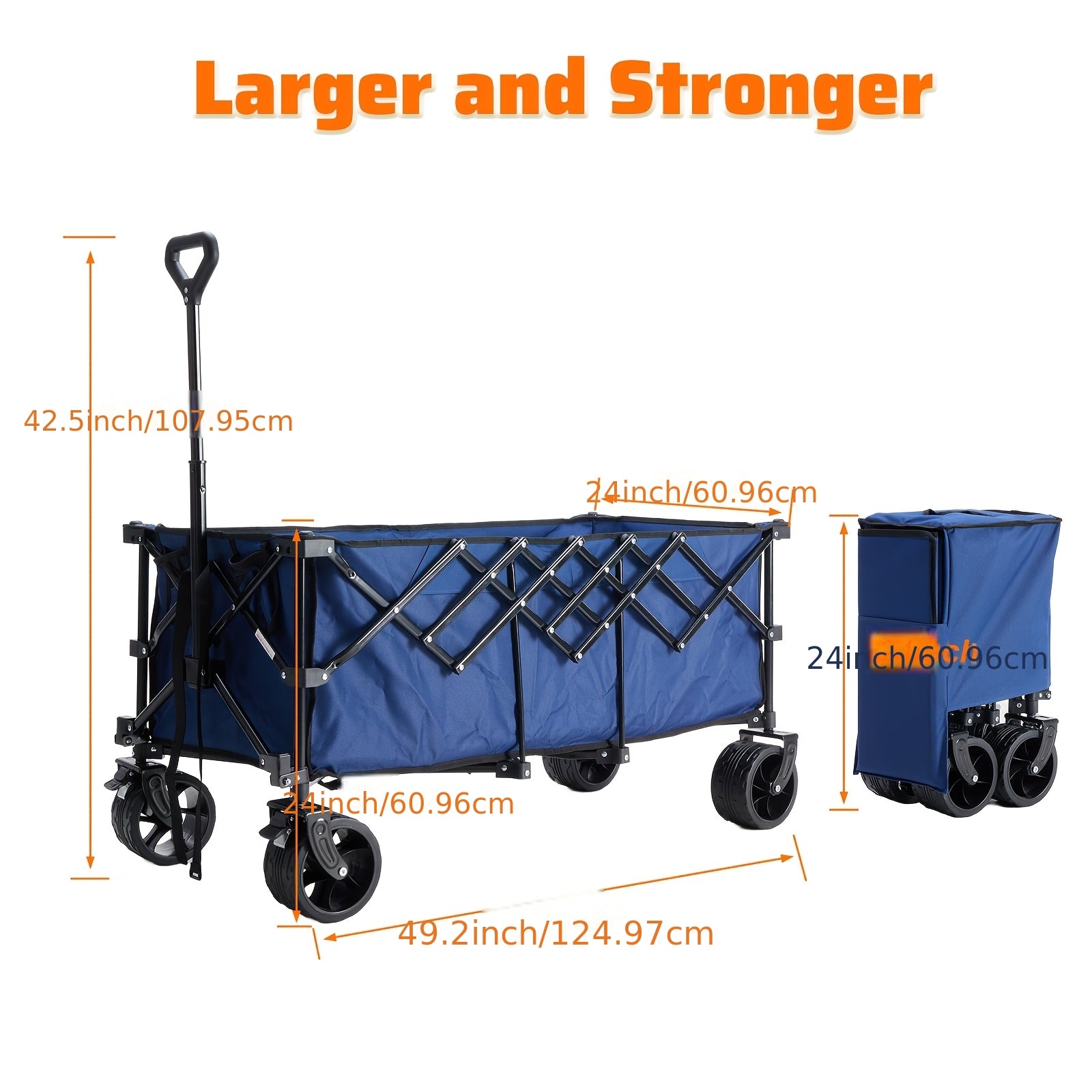 Collapsible Wagon Cart - 440Lbs Foldable Extra Long Heavy Duty Utility Wagon with Wheels, Portable Storage Grocery Cart for Camping, Shopping, Sports, Beach, Garden