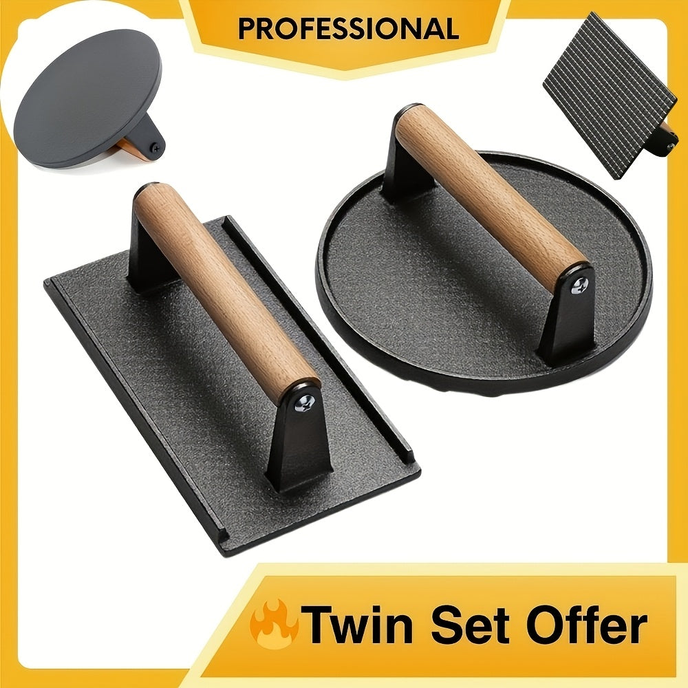 Dual-Size Cast Iron Smash Press - Heavy Duty Bacon & Patty Press with Ergonomic Wood Handle for BBQ/ Kitchen