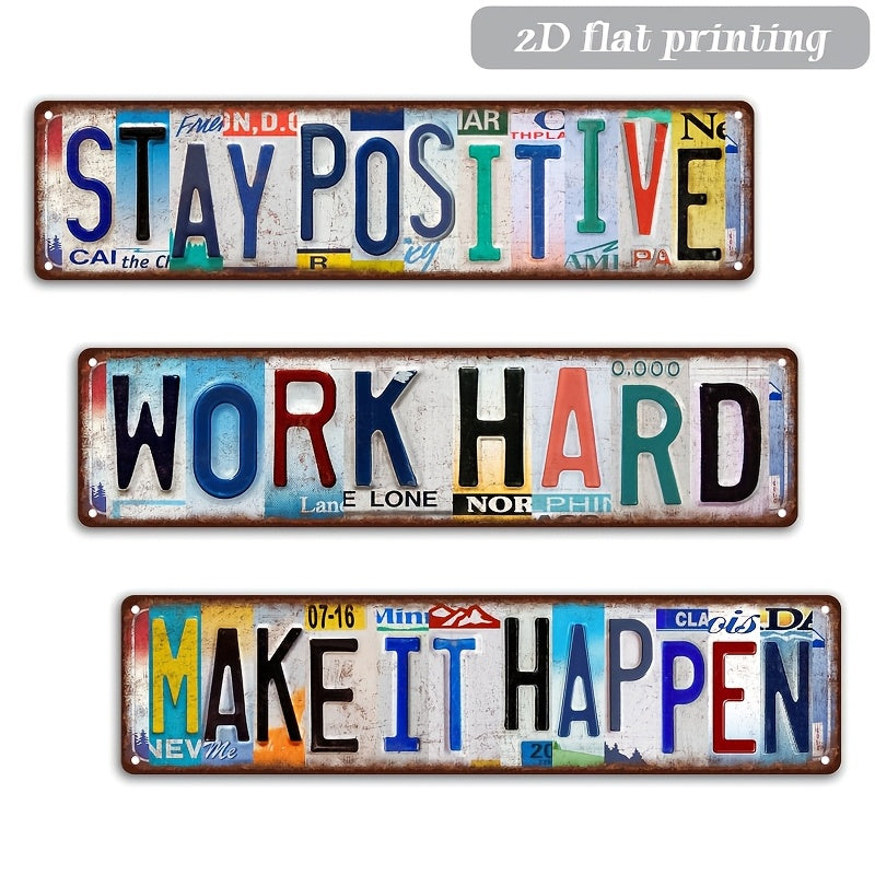 3pcs Retro Plate Letter Art Metal Sign "Stay Positive" "Work Hard" "Make It Happen" Long Strip Motivational Wall Decor Street Sign For Home Office Gym Garage