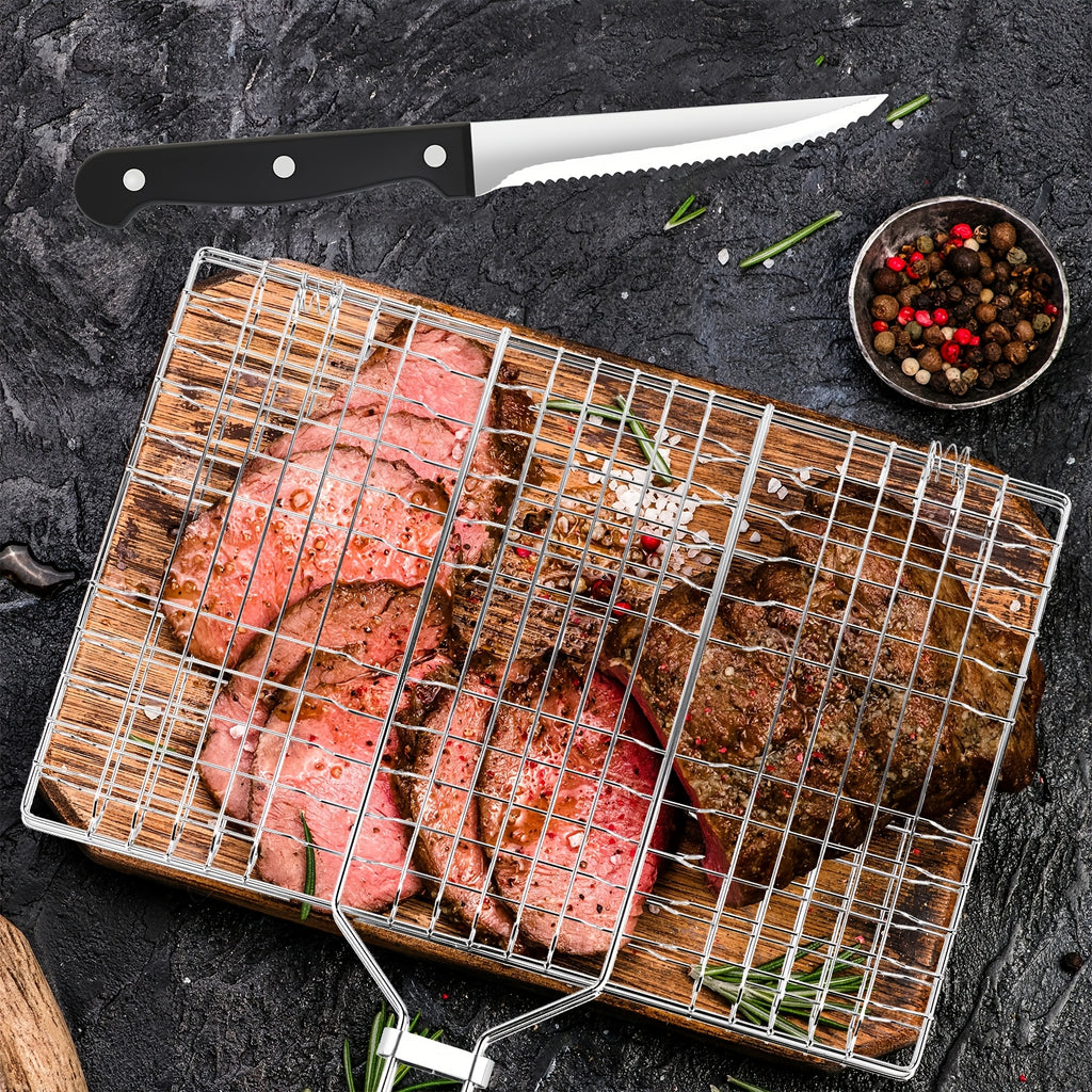 Stainless Steel BBQ Grill Basket - Large, Foldable & Portable for Fish, Shrimp & Vegetables - Perfect for Outdoor Camping, Picnics & Parties - Easy to Clean father gift