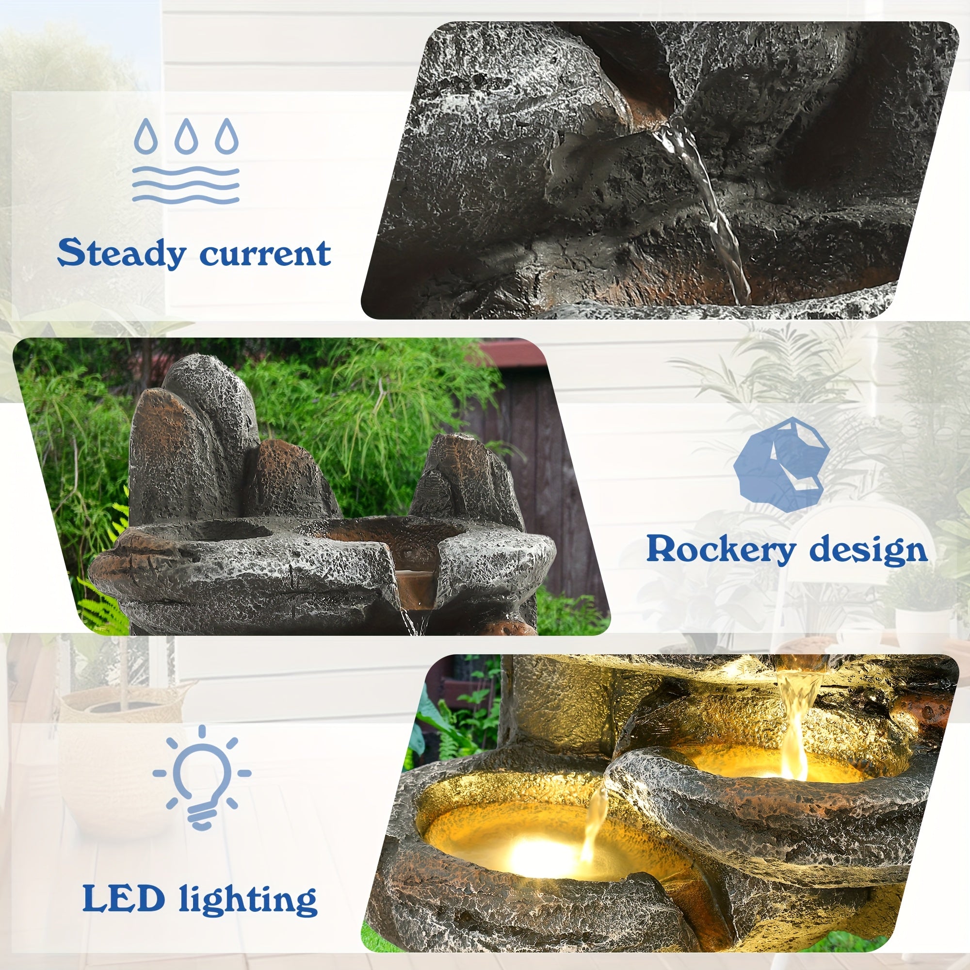 6-Tier Cascading Rockery IPX5 Outdoor Fountain, Garden Floor-Standing Stone Waterfall Fountains with Pump Rocky Peak Decor, Soothing Tranquility Water Fountain for Home Garden Yard, 26" H