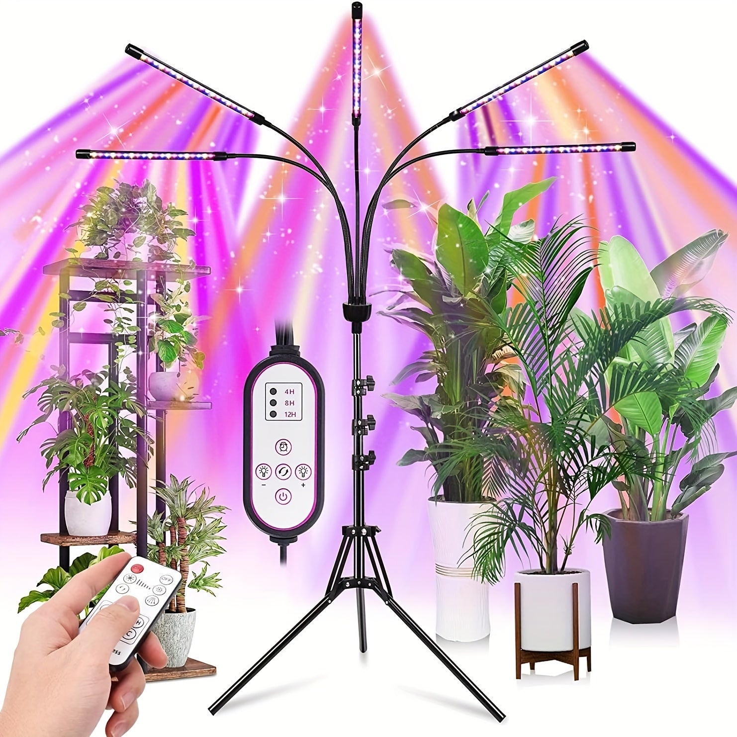Grow Lights For Indoor Plants, 5 Heads Red Blue White Full Spectrum Plant Light With 29-61" Adjustable Tripod Stand, Indoor Grow Lamp With Remote Control And Auto On/Off Timer Function, Wireless Remote Control, Wired Lights