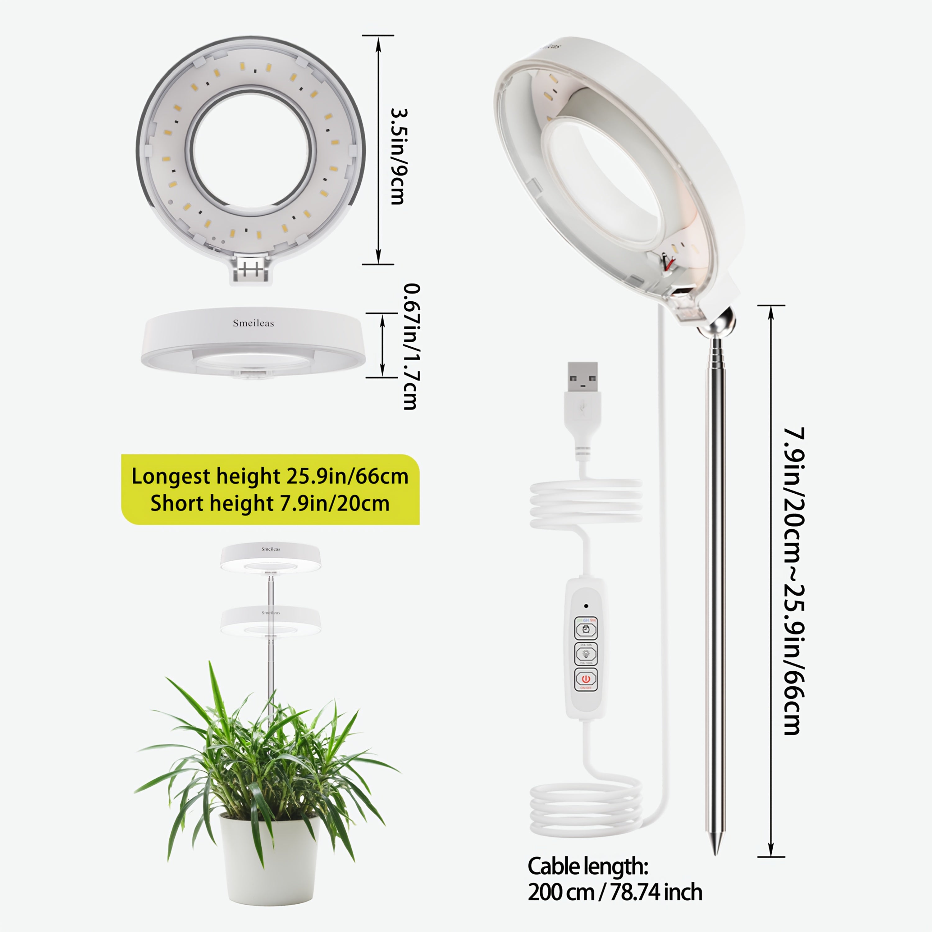 4pcs, Smeileas Grow Light With Full Spectrum, Adjustable Height Plant Growth Lamp, 3/6/9H Cycle Timer & 4 Dimmable Levels, Sleek Grow Lamp With 360° Detachable Magnetic Head For Indoor Plants & Seedlings