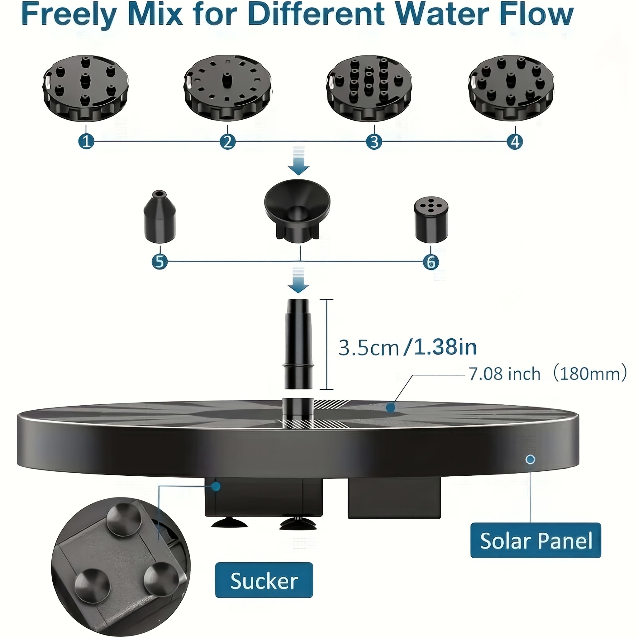 1.8W Solar Fountain, Outdoor Garden Solar Floating Fountain Pump with 6 Nozzles, Suitable for Birdhouses, Ponds, Gardens, Swimming Pools, Aquariums, Fish Tanks, Lakes, Outdoor Water Features, Solar Energy, Easy to Install, Garden Decoration