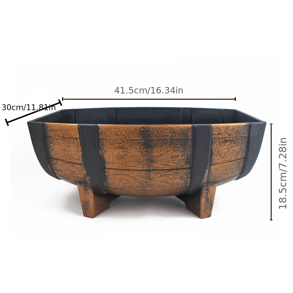 Large Diameter 16.54inch Creative Gardening Vintage Imitation Wooden Tub Plastic Flower Pot, Large Thickened Plastic Planting Pot, Faux Weathered Balcony Planter with Drainage Tray