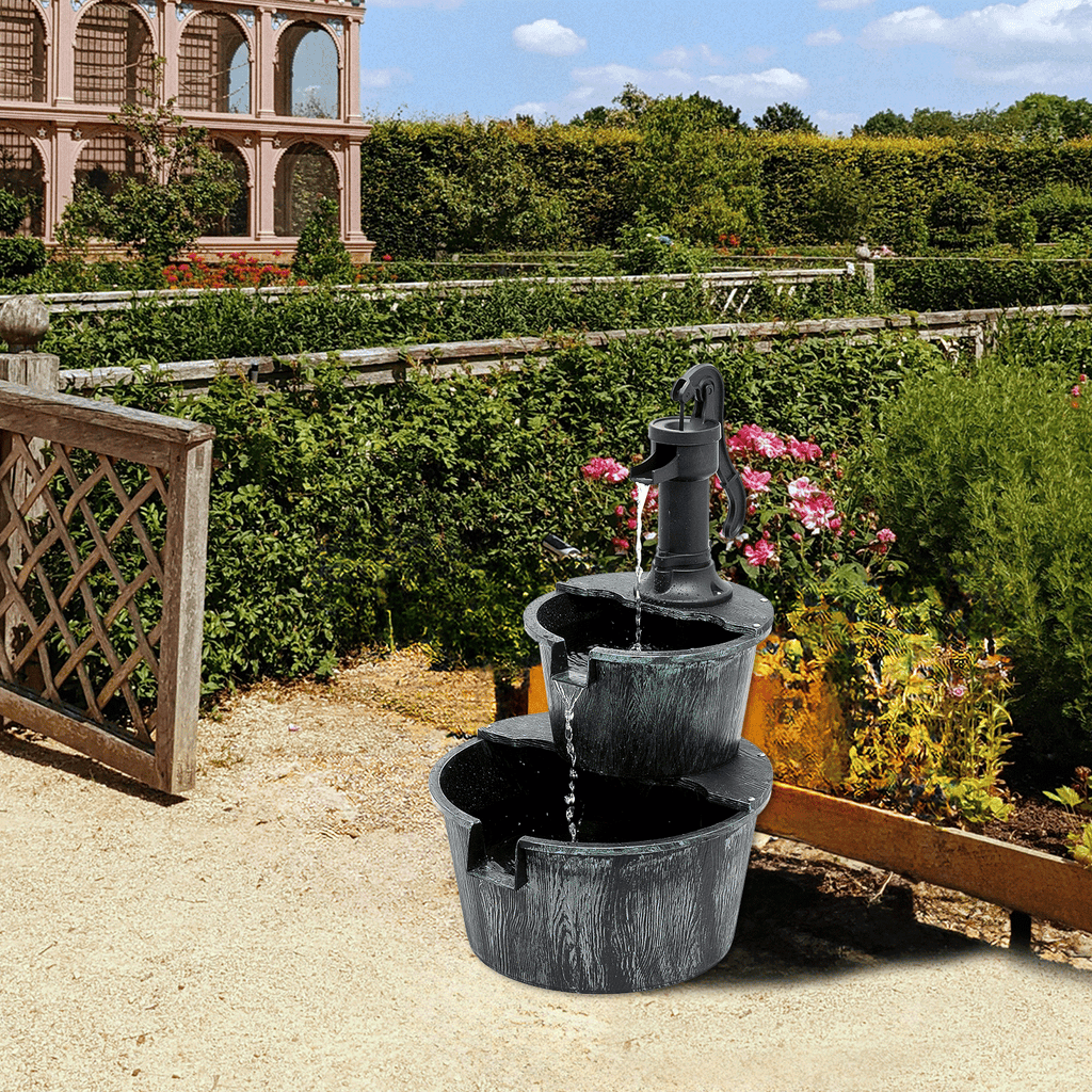 Water Fountains, 27" Tall 2-Tier Barrel Waterfall Fountain for Patio Garden Backyard Decking, 11L Water Capacity