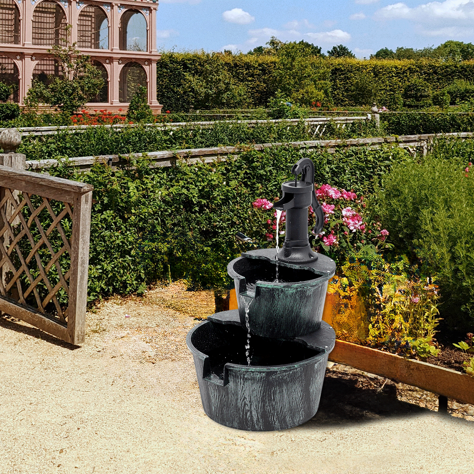 Water Fountains, 27" Tall 2-Tier Barrel Waterfall Fountain for Patio Garden Backyard Decking, 11L Water Capacity