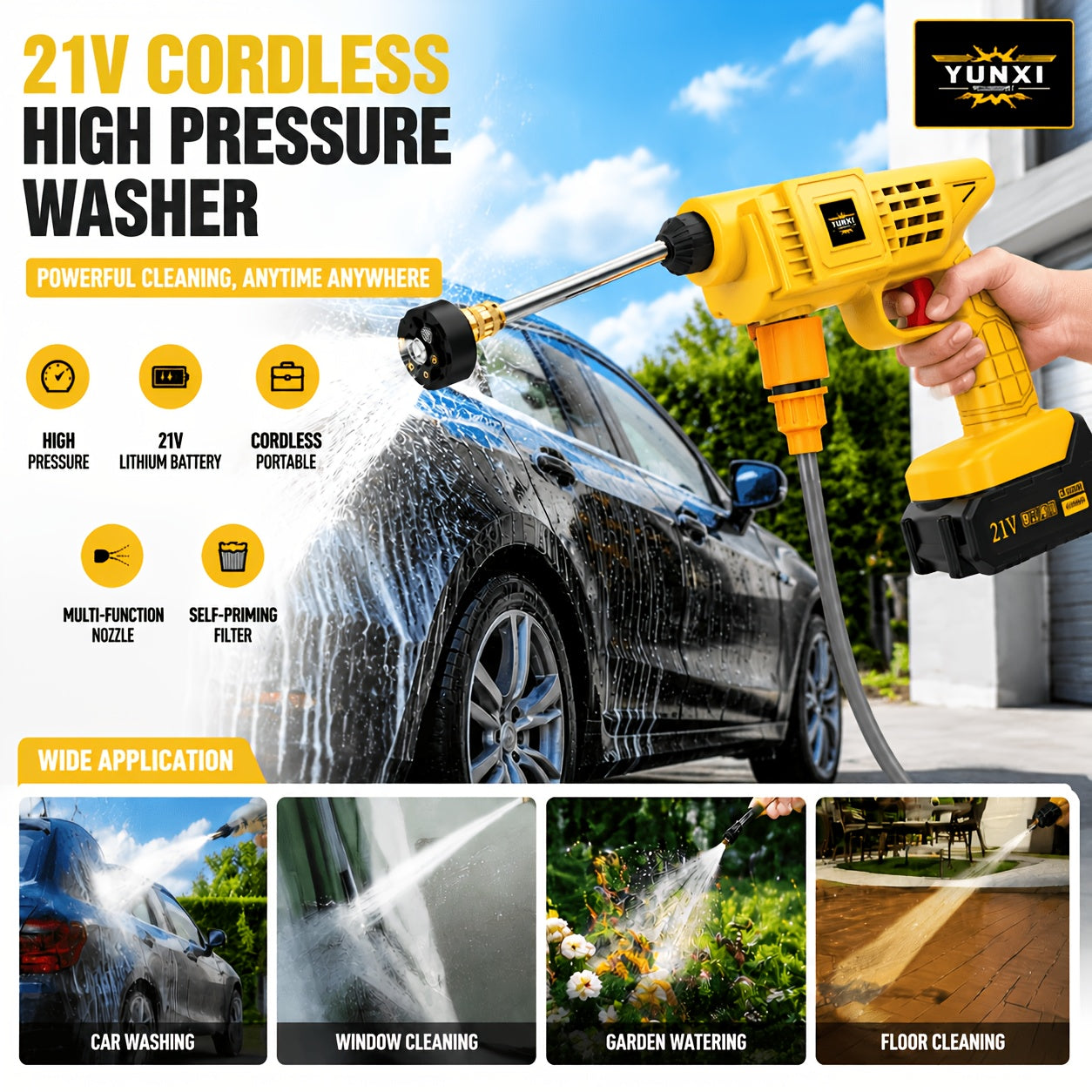Cordless Pressure Washer, Household Car Wash Water Gun, Portable Pressure Washer, Equipped with Quick Connect Nozzle Hose Connector, Battery And Charger. Power Washer, Suitable for Cleaning Cars, Yards, And Gardens. Gifts for Boyfriend And Father