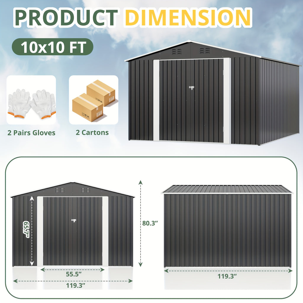 5x3FT 10x10FT Outdoor Storage Shed, Large Garden Shed, With Slooping Roof And Vent, Updated Reinforced And Lockable Doors, Metal Storage Shed For Patiofor Backyard, Patio, Garage, Lawn, Grey