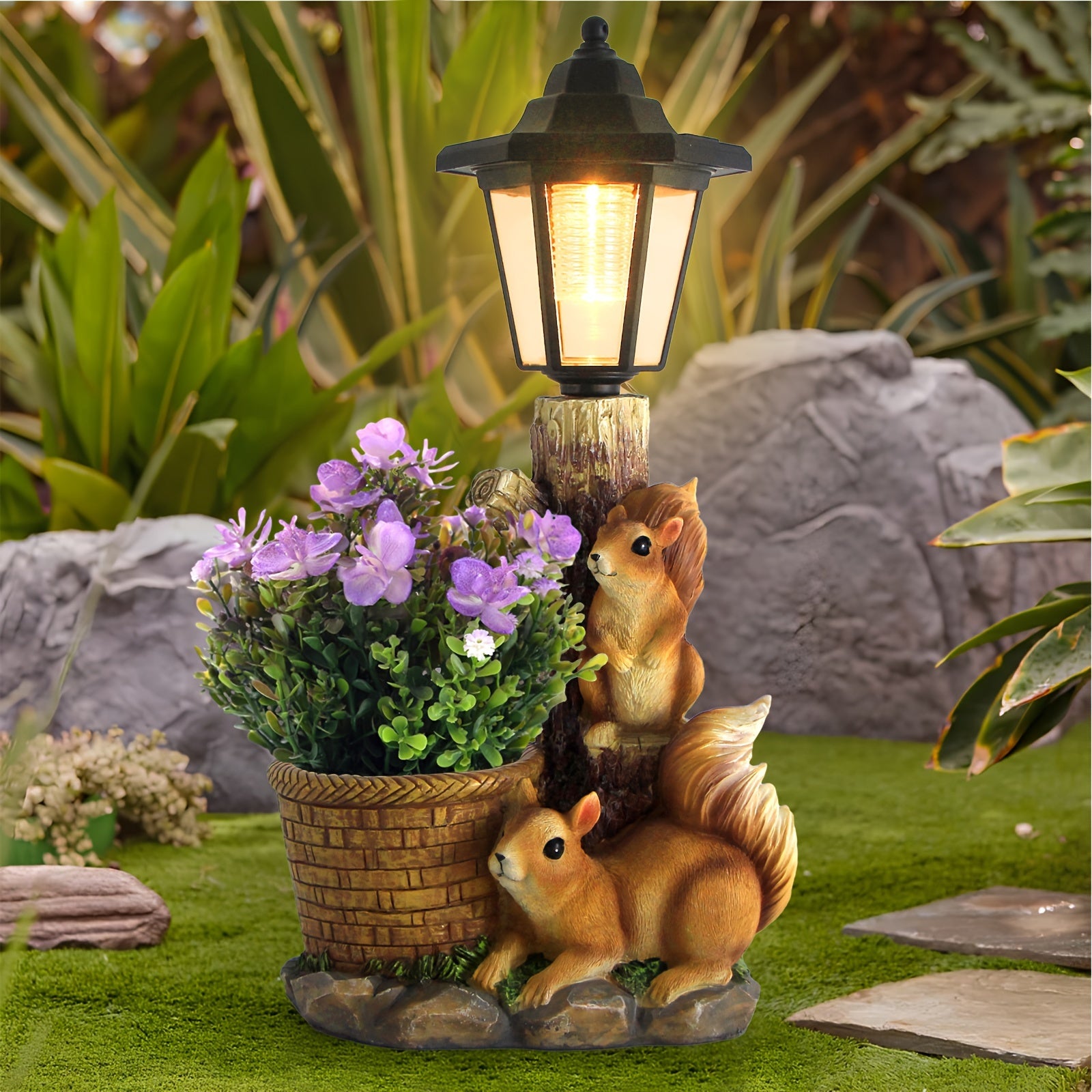 Outdoor Squirrels Flowerpot Garden Statues Sculpture Figurine Decor Solar Powered Light Planter Succulent(not Include Artificial Flowers) Valentine's Day Gifts Decorations