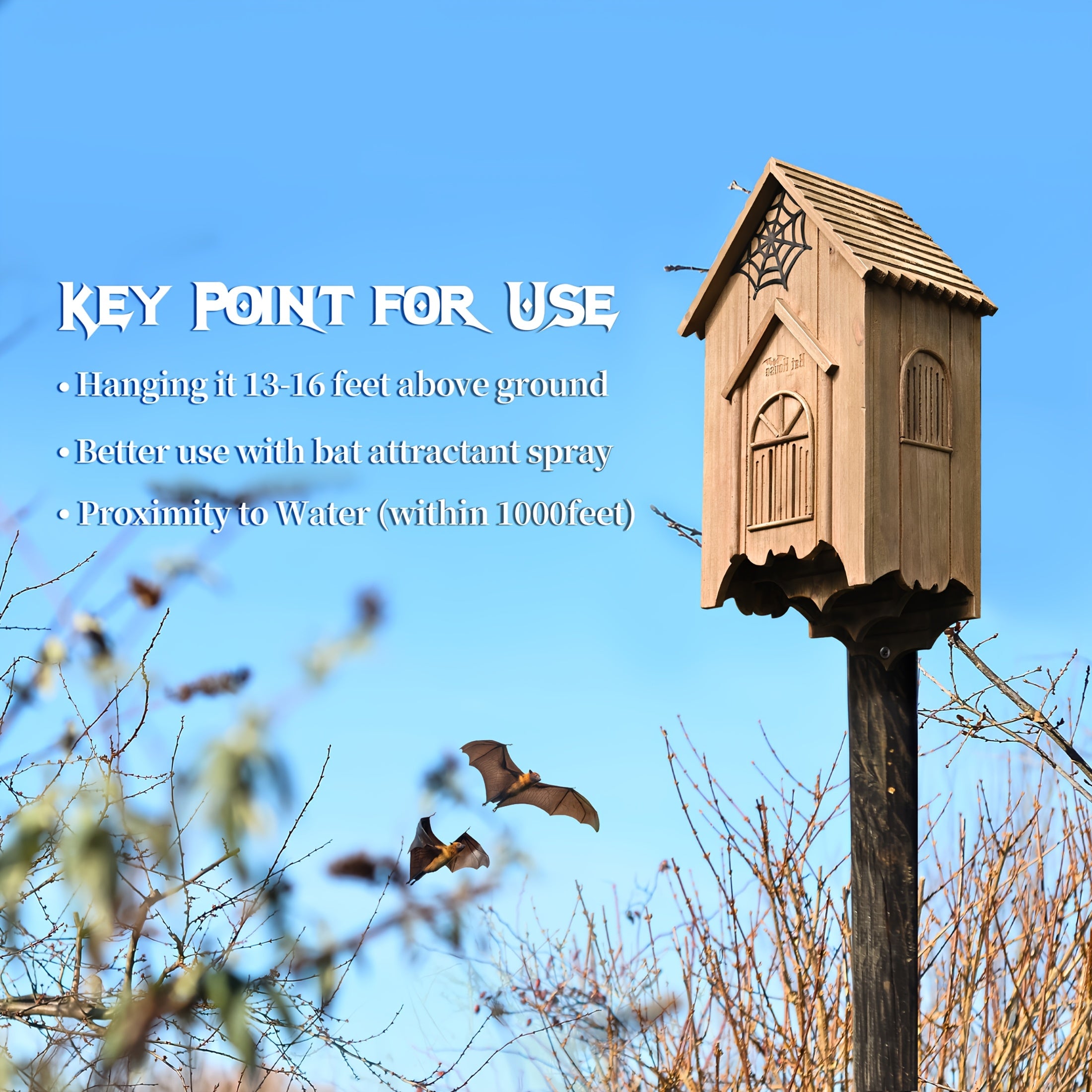 A Wooden Bat House Designed Like a Castle, Featuring a Gatehouse, Tower, And Curtain Wall. This Spacious Bat Box Has 2/3 Chambers for Ventilation, Making It Perfect for Attracting Bats Outdoors And Is Easy to Install