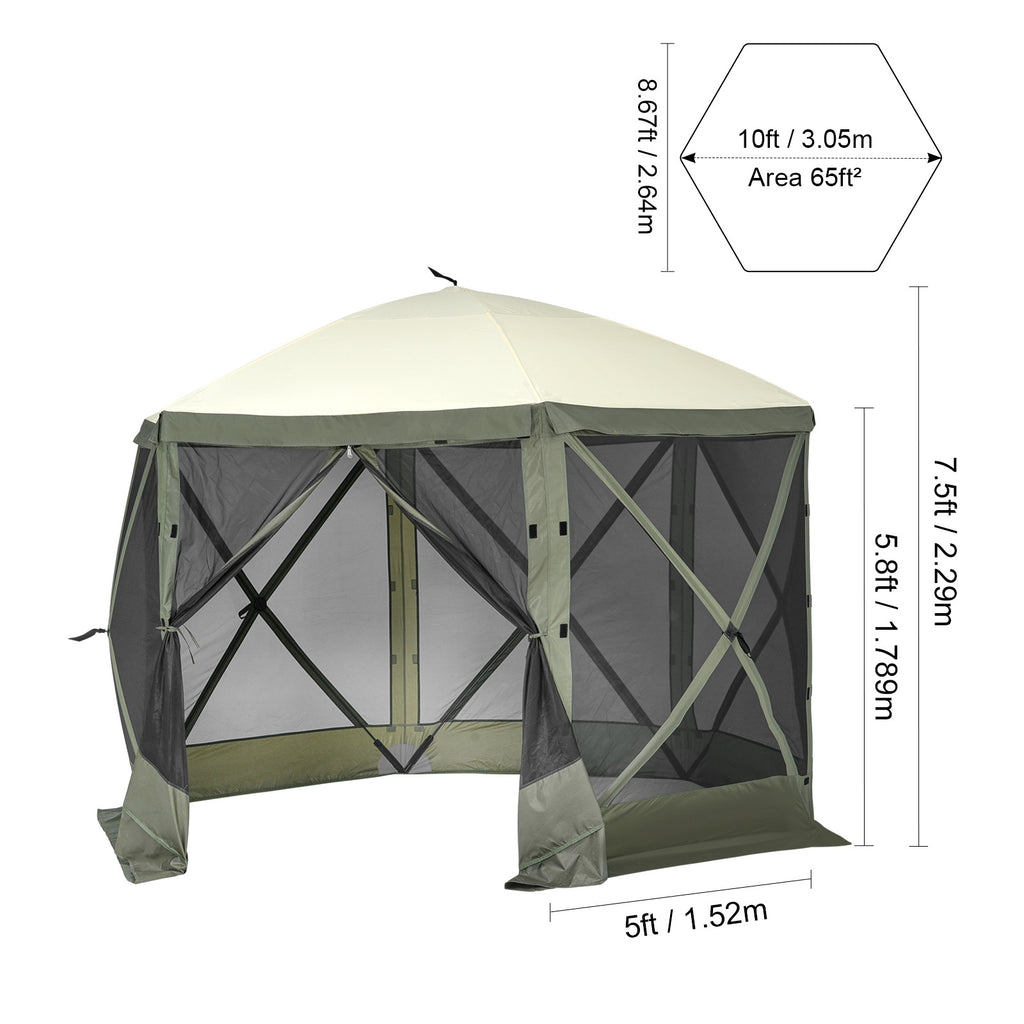 VEVOR Pop Up Gazebo Tent, Pop-Up Screen Tent 6 Sided Canopy Sun Shelter with 6 Removable Privacy Wind Cloths & Mesh Windows, 10x10FT/ 12.5x12.5FT Quick Set Screen Tent with Mosquito Netting, Army Green/Brown