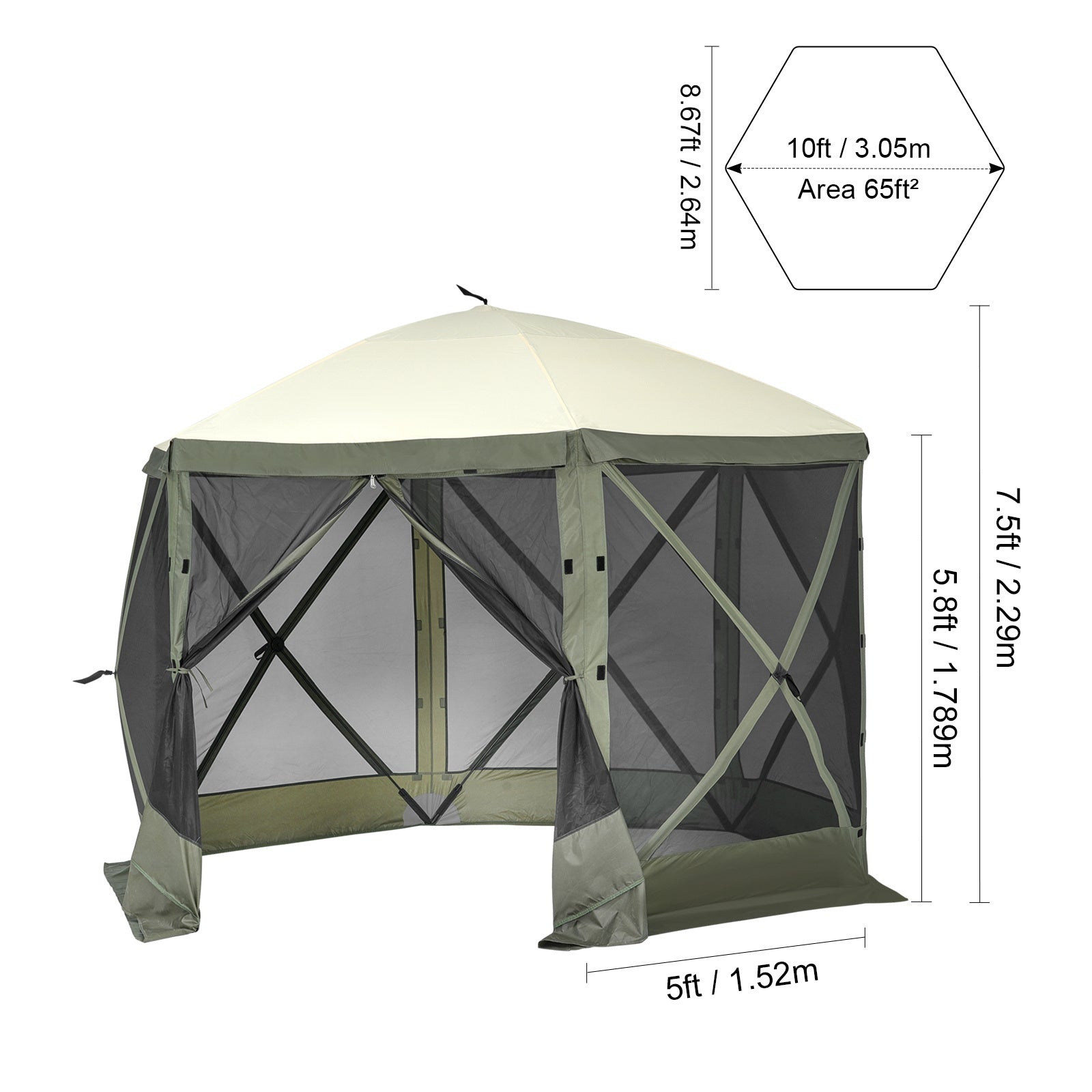 VEVOR Pop Up Gazebo Tent, Pop-Up Screen Tent 6 Sided Canopy Sun Shelter with 6 Removable Privacy Wind Cloths & Mesh Windows, 10x10FT/ 12.5x12.5FT Quick Set Screen Tent with Mosquito Netting, Army Green/Brown
