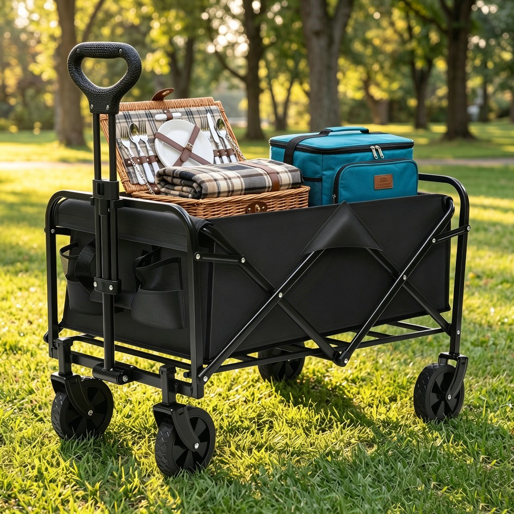 Heavy Duty Foldable Wagon Cart, 650LBS Load Bearing, Stainless Steel Frame, 600D Oxford Fabric, All Terrain Utility Cart with Swivel Wheels And Adjustable Handle, Multipurpose Portable Cart for Camping, Beach, Gardening Cart