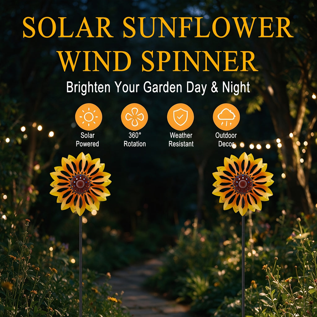Outdoor Patio Landscape Decor, Solar Powered Metal Sunflower Wind Spinner with Night Glow Light, Collects Sun Energy During The Day And Shines After Dark, Weatherproof Kinetic Rotation Design for Garden Yard Lawn Decorative Ornament