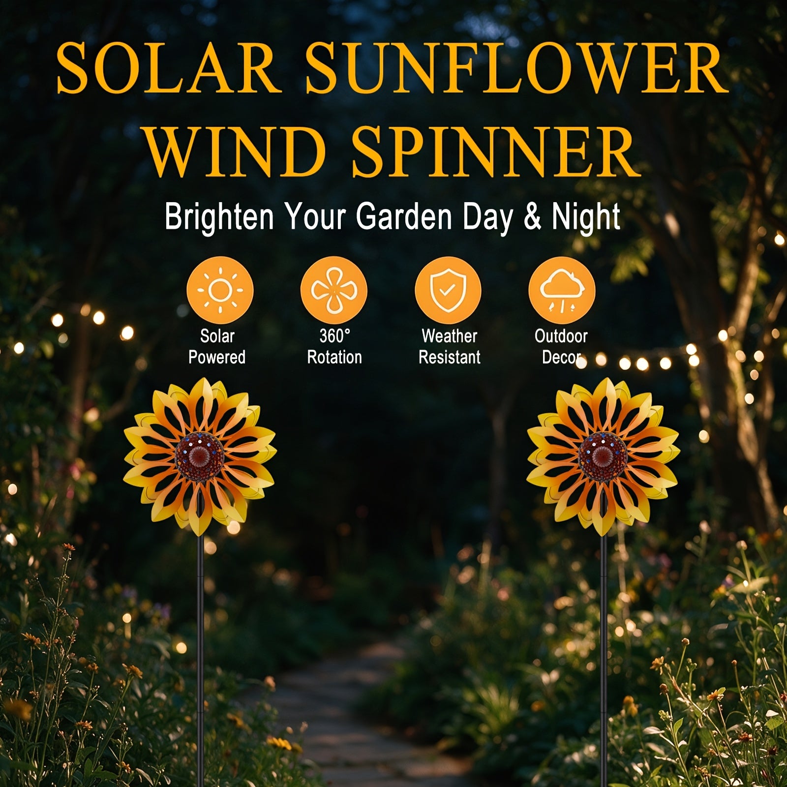 Outdoor Patio Landscape Decor, Solar Powered Metal Sunflower Wind Spinner with Night Glow Light, Collects Sun Energy During The Day And Shines After Dark, Weatherproof Kinetic Rotation Design for Garden Yard Lawn Decorative Ornament