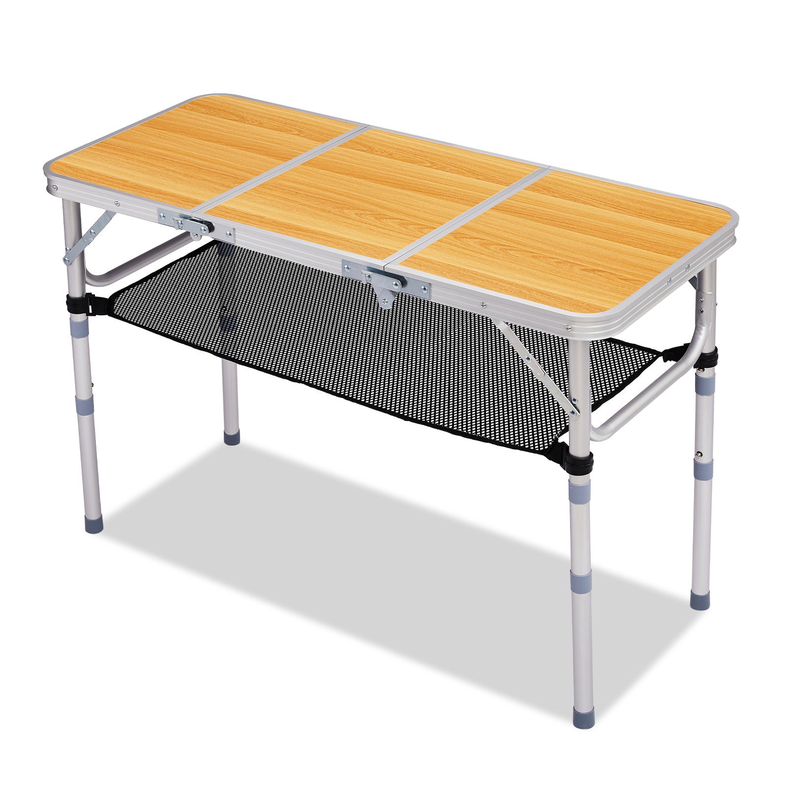 A 3-Foot Long, 15.75 inch Wide Outdoor Folding Table Made of Wood Grain Color Aluminum Alloy, Featuring a Rectangular Shape, a Three-Fold Tabletop That Can Support Up to 110.23 LB Non-Food Direct Contact
