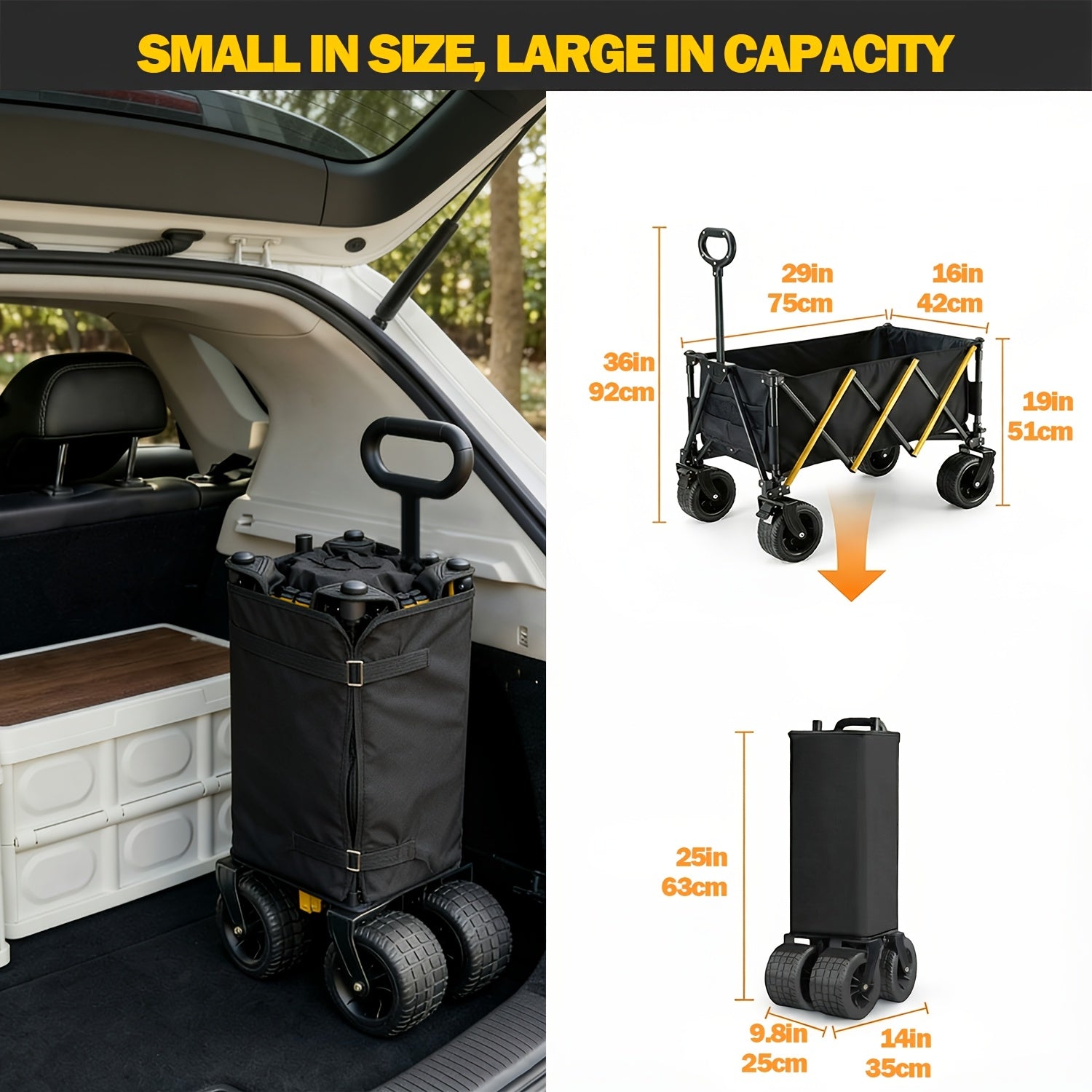 Collapsible Folding Wagon Cart, Large Capacity Camping Wagon, All Terrain Foldable Wagon with Wheels, 2 Cup Holders | Heavy Duty Utility Wagon Cart for Grocery Outdoor Beach Gardening Shopping Fishing Sports Pets Outing, 550 LBS, Black