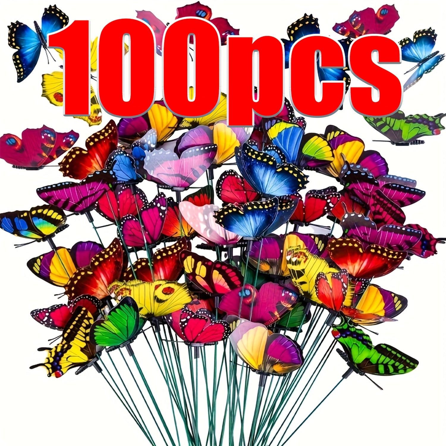 100pcs Butterflys Garden Decorations - 10 Inch Plastic Butterfly Stakes - Ornaments Artificial Butterflies - for Flower Bouquet Arrangements Crafts - Outdoor Wall Patio Plant Christmas Yard Decor