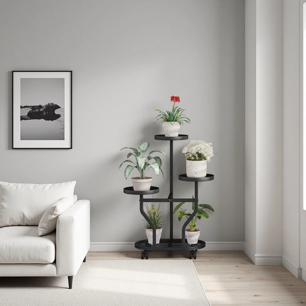 Four-Level Plant Display with Wheels, Metal Rack Suitable for Various Indoor And Outdoor Plants, Corner Shelf for Flowers in Living Rooms And Bedrooms