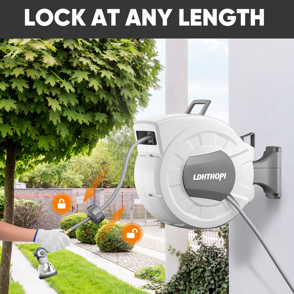 40/100/110/130FT X 1/2" Retractable Garden Hose Reel, Decorative Outdoor Garden Hose Reels - Automatic Self-Retracting Wall-Mount Hose Reel with Enclosed Storage, Any Length Lock, 10 Patterns Nozzle
