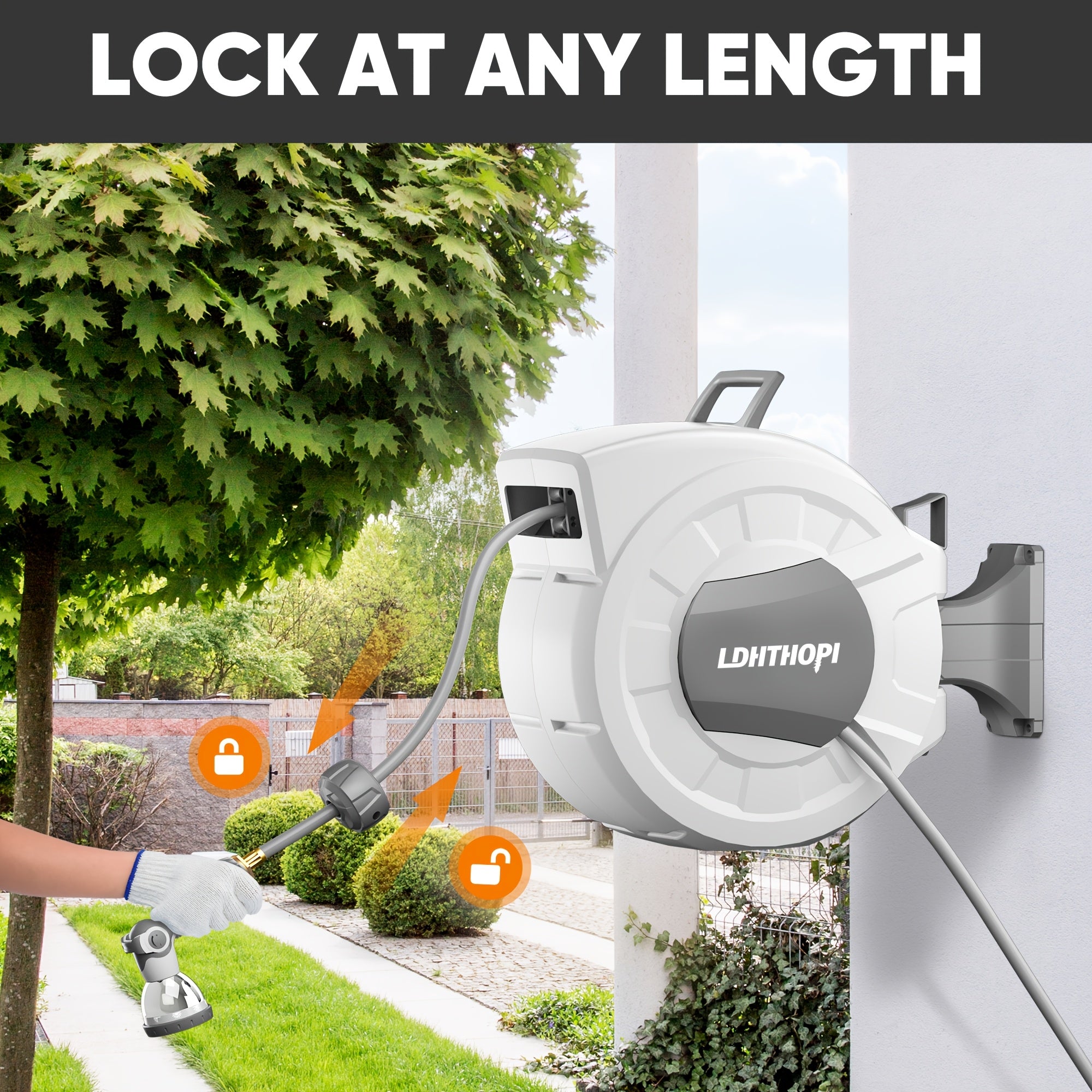 40/100/110/130FT X 1/2" Retractable Garden Hose Reel, Decorative Outdoor Garden Hose Reels - Automatic Self-Retracting Wall-Mount Hose Reel with Enclosed Storage, Any Length Lock, 10 Patterns Nozzle