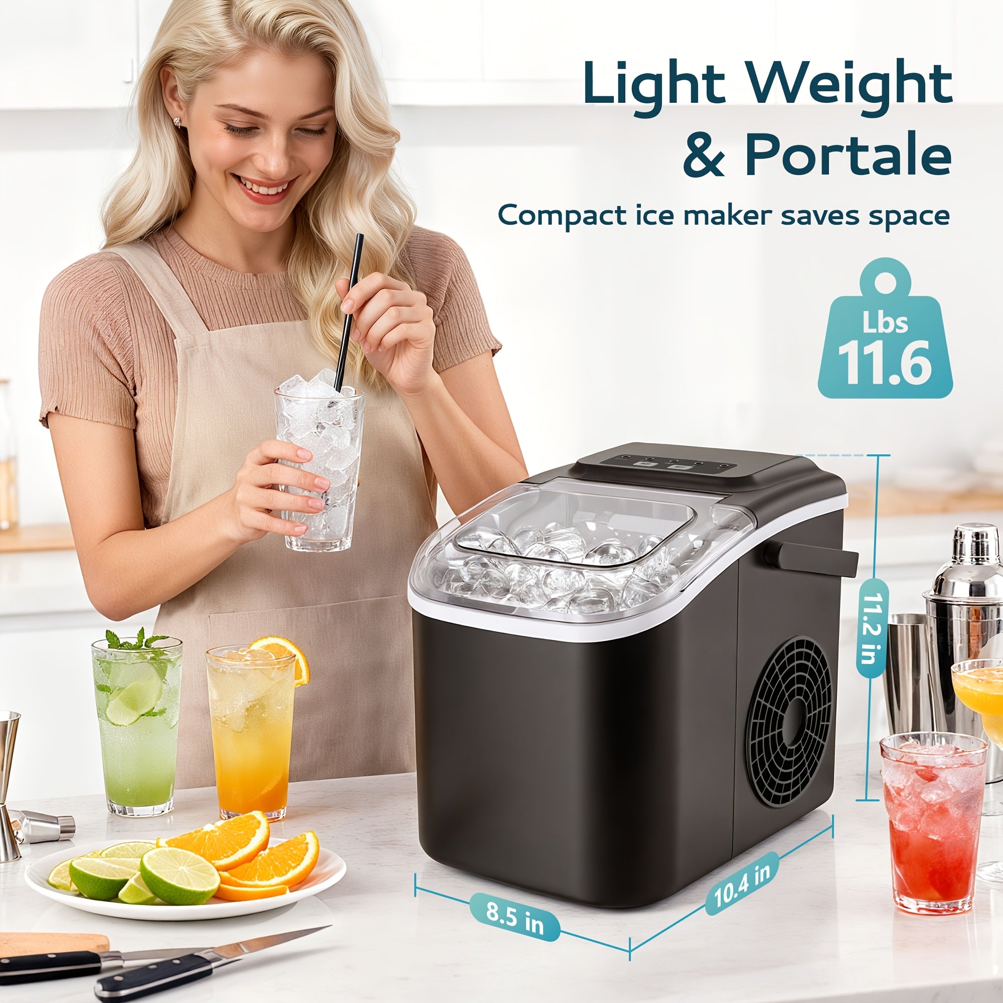 Portable Bullet Ice Maker Machine for Countertop - 9 Cubes In 6 Mins, 26/29lbs Per Day, Self-Cleaning Ice Machine with Ice Scoop & Basket, Compact for Backyard BBQ, Camping, Outdoor Party, Kitchen.