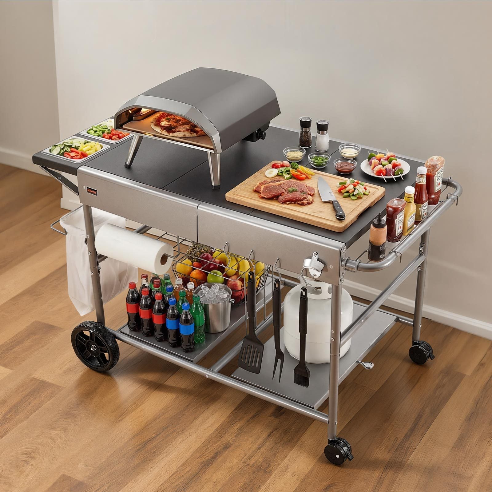 VEVOR Outdoor Grill Cart, 36.4 x 23.4 x 1 inch Tabletop Size Grilling Table, Movable Outdoor Cooking Table with 4 Spice Containers, Wheels, Lids, Hooks, BBQ Prep Tables for Picnic, Kitchen, Courtyard
