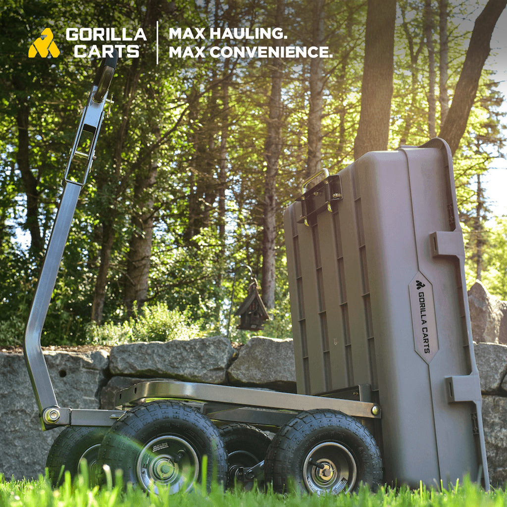 Gorilla Carts 800 Pound Capacity Heavy Duty Poly Yard Garden Steel Dump Utility Wheelbarrow Wagon Cart with 2 in 1 Towing ATV Handle, Gray