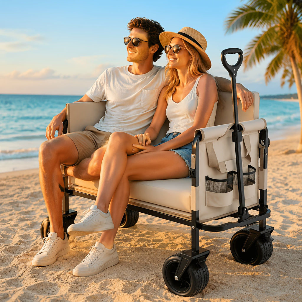 Heavy-Duty 550Lb Capacity Foldable Utility Wagon Cart with 58.12Gal Capacity- Convertible to Bench, All-Terrain Wheels & Ergonomic Handle for Camping, Beach, Picnics, Gardening- Durable Metal Frame, Large Foldable Wagon, Garden Tool Hauler