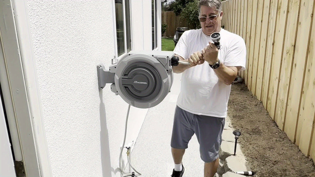 110FT X 1/2" Retractable Garden Hose Reel by HOZEREEL, Outdoor Garden Hose Reels - Automatic Self Retract Wall Mount Hose Reel Enclosed Storage, Any Length Lock, 10 Pattern Nozzle-Grey