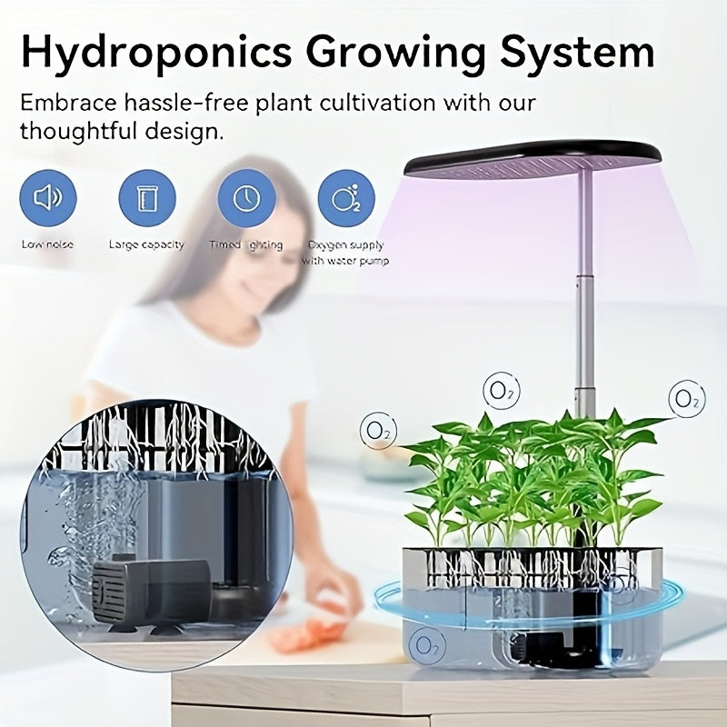 Indoor Herb Garden Kit Featuring a Hydroponic System with 10 Pods, Two Bottles of Nutrients, a 1-Gallon Water Tank, an Automatic Timer, And Adjustable Height Up to 20 Inches. It Includes Grow Lights And a Quiet Water Pump