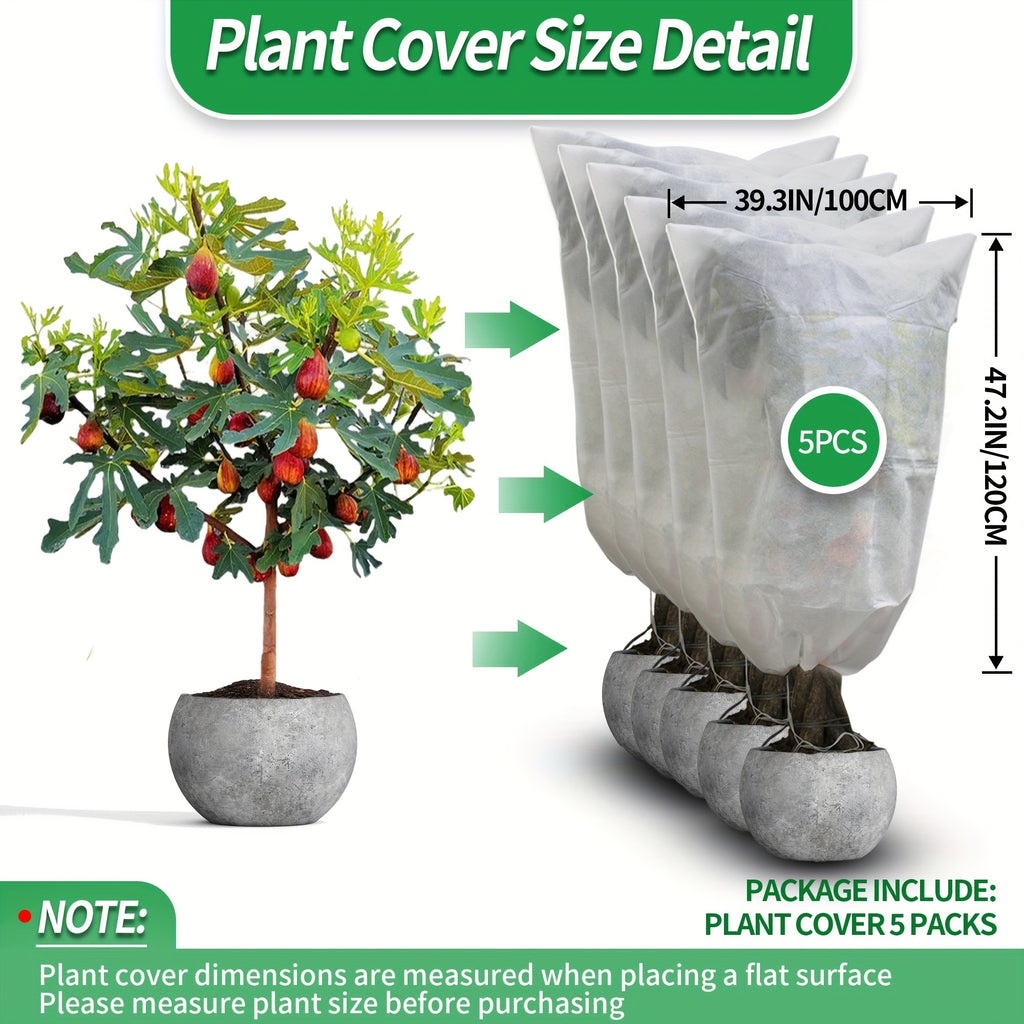 5Pack 2.2oz Plant Covers Freeze Protection, Winter Frost Cloth, Reusable Frost Blankets, Tree Cover Drawstring Bags For Outdoor Fruit Potted Shrub Season Extension (31.4*39.3, 39.3*47.2, 47.2*70.8)inch
