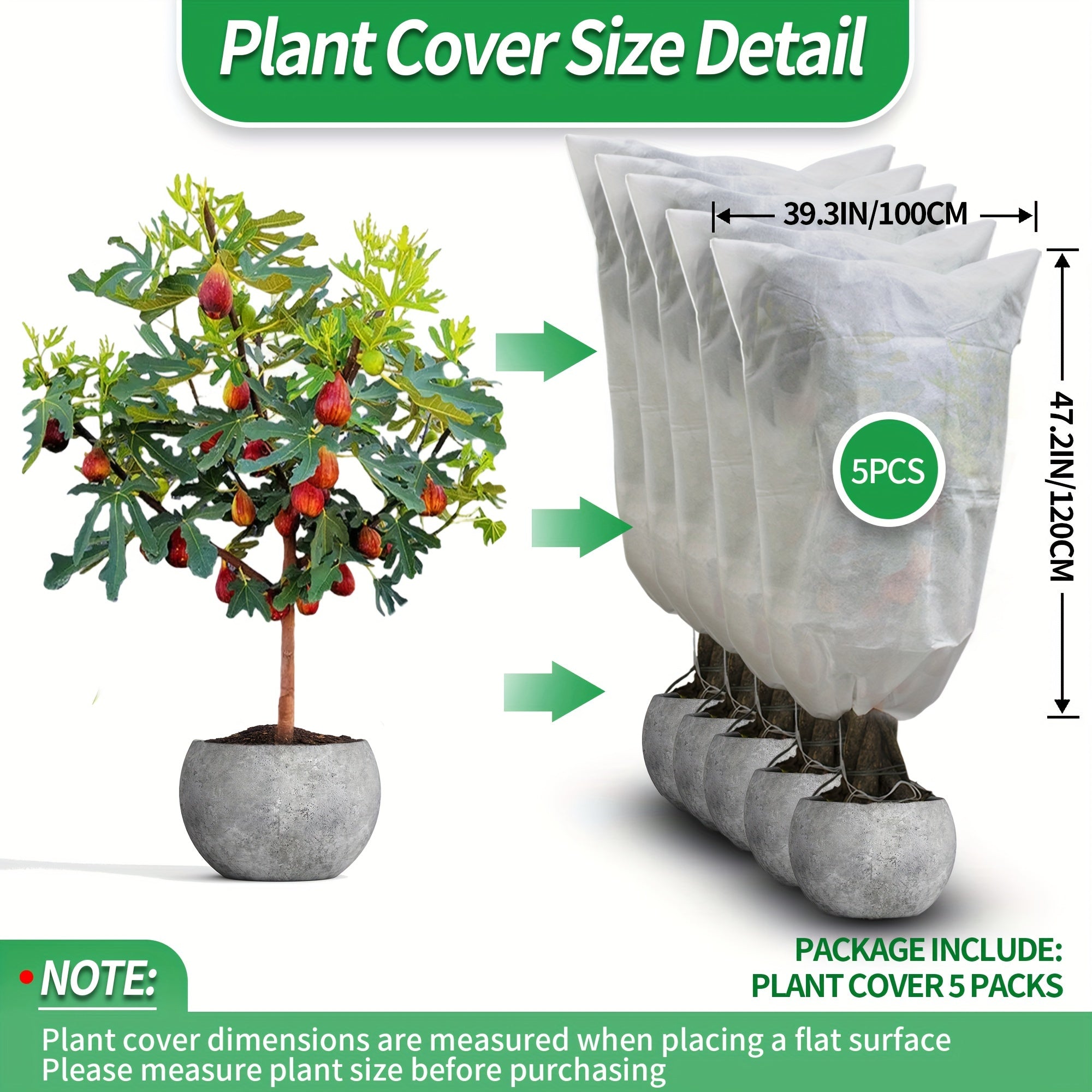 5Pack 2.2oz Plant Covers Freeze Protection, Winter Frost Cloth, Reusable Frost Blankets, Tree Cover Drawstring Bags For Outdoor Fruit Potted Shrub Season Extension (31.4*39.3, 39.3*47.2, 47.2*70.8)inch