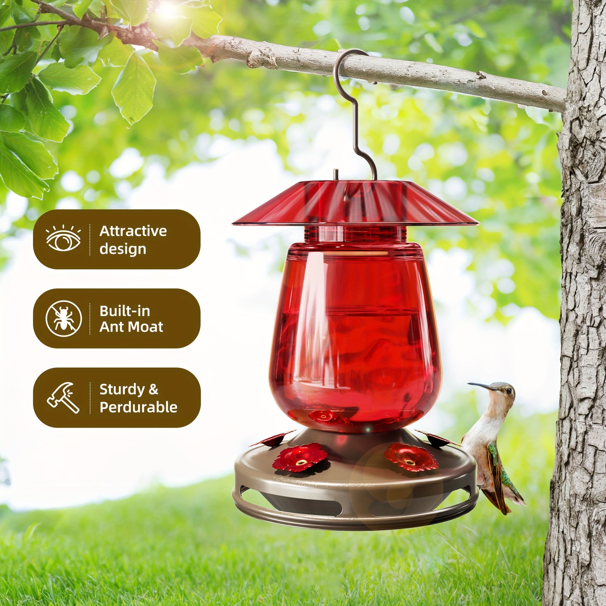 Auslar 16 Ounce Red Glass Hummingbird Feeder, Outdoor Hanging Barn Lantern Shape With 5 Flower Feeding Ports & Built-in Ant Moat, Rustproof & Leakproof - Garden Yard Decor Essential, Perfect Valentine'S Day & Mother'S Day Gift
