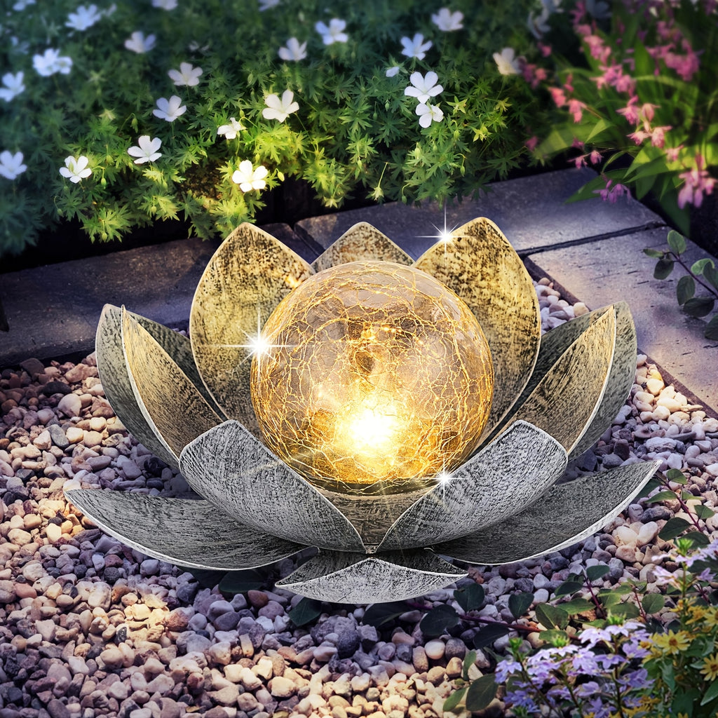 Outdoor Solar for Lotus Light, Black And White Solar Lights Garden Decoration, LED Beads with Cracked Glass Globes, Patio, Lawn, Steps Lights, Christmas Gift
