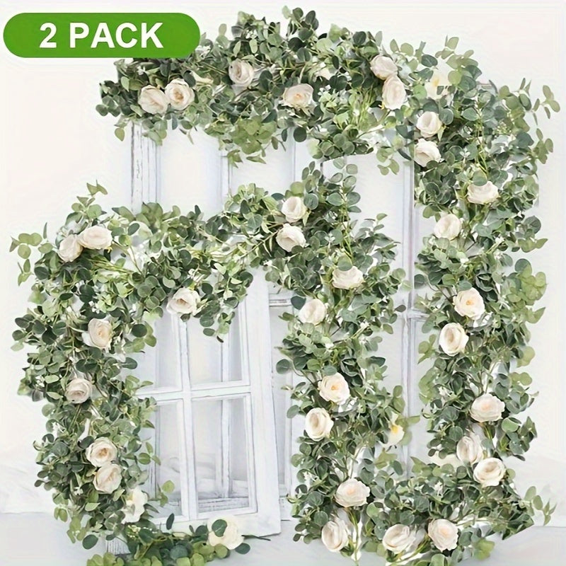 2-Pack Artificial Rose Garland, Fake Flower Hanging Vine, 6.5/6 Feet Long, Suitable for Garden, Room, Wall Decor, Wedding, Birthday Decoration, White / Champagne / Pink