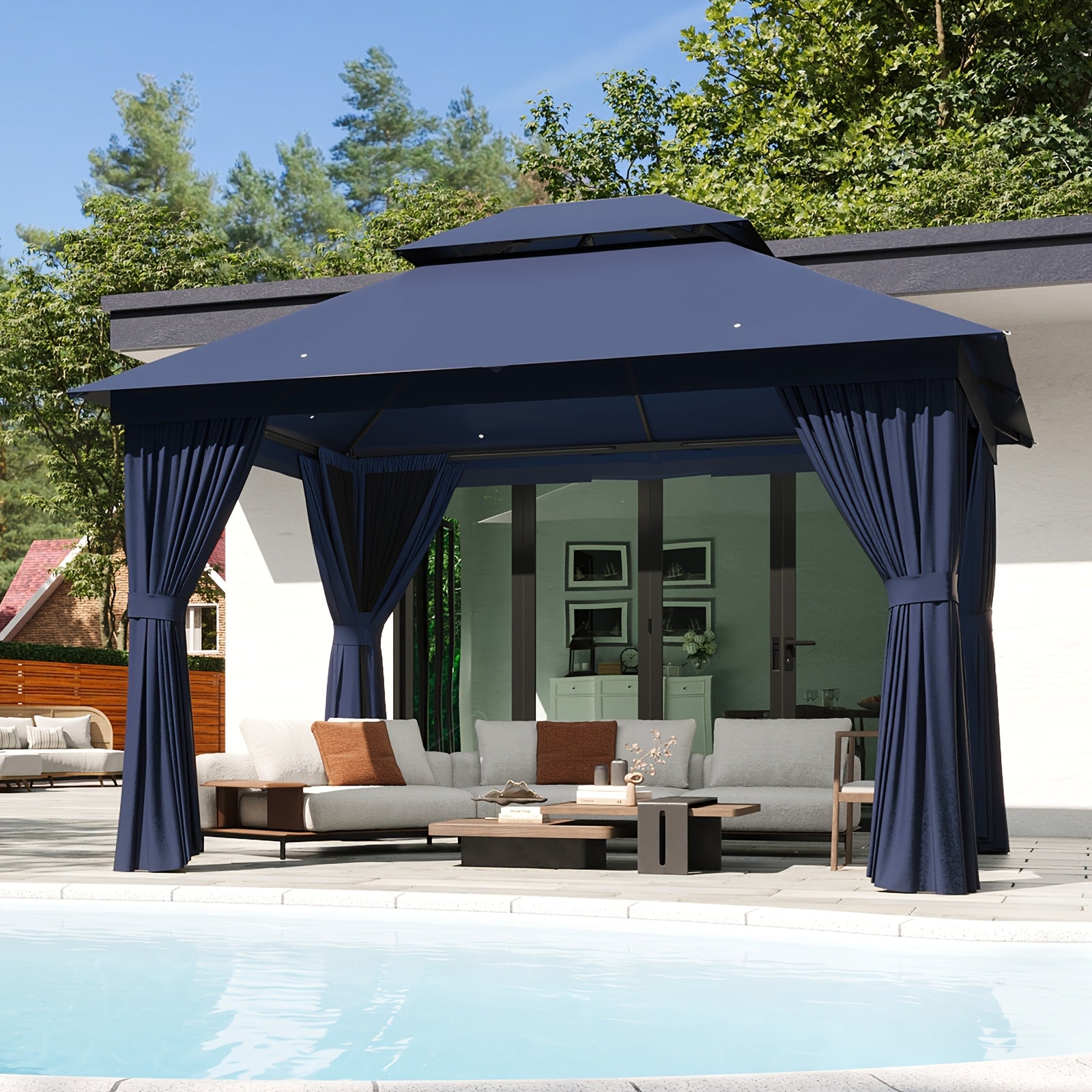 10'x12'/10'x10'/8'x8' Outdoor Gazebo & Pergola for Patio - Double Roof Steel Canopy with Mosquito Net And Privacy Screen, Heavy Duty Party Tent Shelter for Backyard, Lawn, Garden, All-Weather Gazebos with Patio Cover (Grey/Beige/Blue)