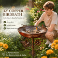 Rustic Metal Bird Bath & Feeder Combo, Hammered Copper Design, Weatherproof Outdoor Birdbath With 5-Prong Stake