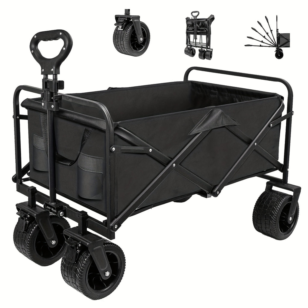 SZHLUX Collapsible Foldable Wagon, Beach Wagon with Big Wheels for Sand, Utility Grocery Wagon with Side Pocket And Brakes for Camping Sports Outdoor Activities