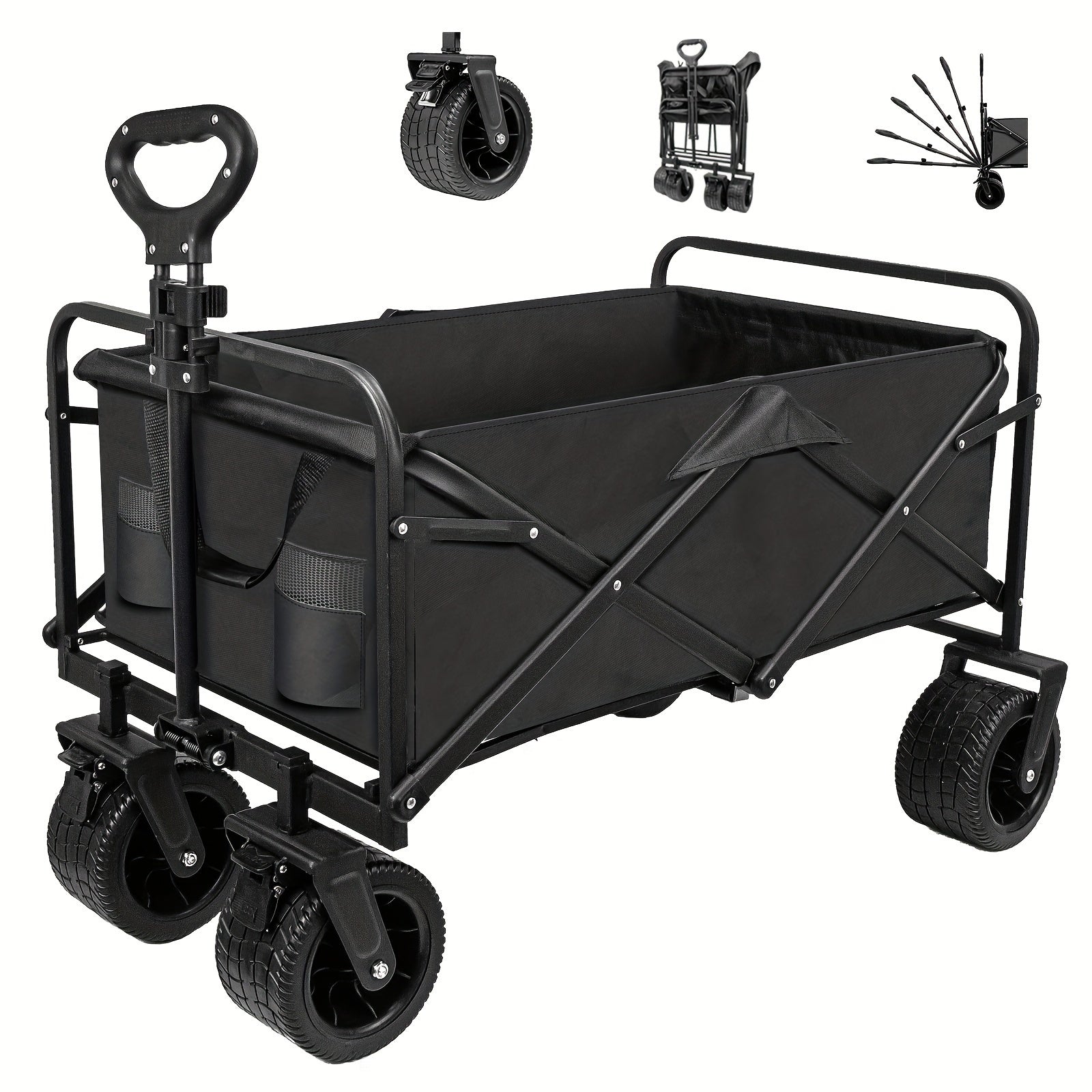 SZHLUX Collapsible Foldable Wagon, Beach Wagon with Big Wheels for Sand, Utility Grocery Wagon with Side Pocket And Brakes for Camping Sports Outdoor Activities