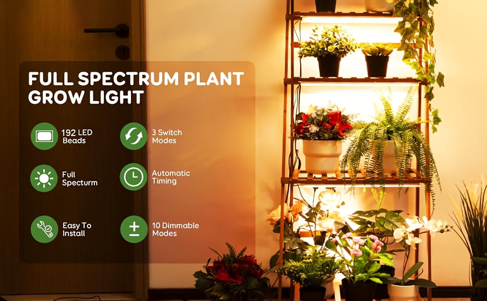 4 Bars 13" Grow Lights for Indoor Plants, 192 Leds Full Spectrum Plant Grow Light Strips with Auto On/Off Timer 3/9/12H, 10 Brightness, 3 Switch Modes Sunlike Growing Lamps for Hydroponics Succulent