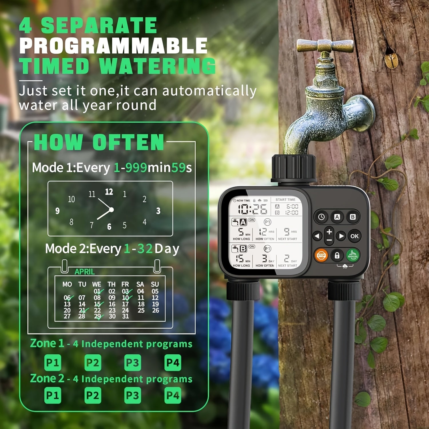 Garden Hose Watering Timer - Water Timer with 2 Outlets - Rain Delay/Manual Watering/Automatic Irrigation Control System Hose Timer for Plants, Gardens, Lawns and Outdoors Programmable Faucet Timer