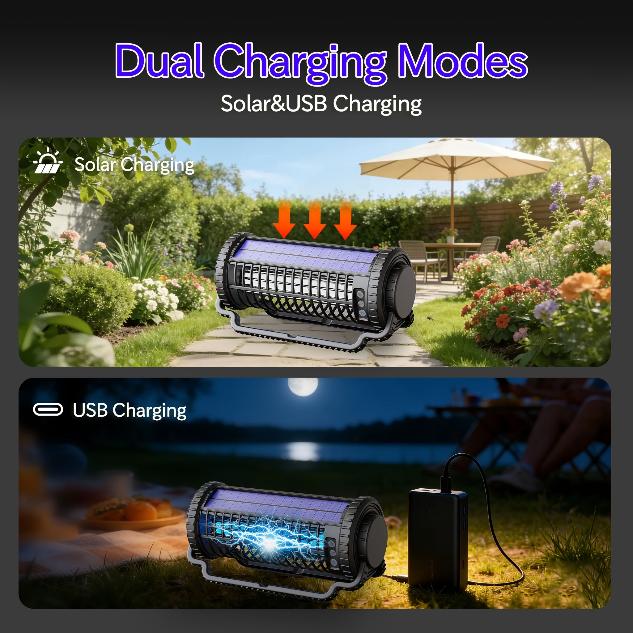 Solar Bug Zapper & Mosquito Killer Lamp - UV, Auto-Sensor, Dual Charging (Solar + USB) With 4000mAh Battery, Lighting Mode, For Indoor/Outdoor, Camping, Patio, Effectively Traps & Kills Mosquitoes, Flies, Gnats, Fruit Flies Mosquito Trap.